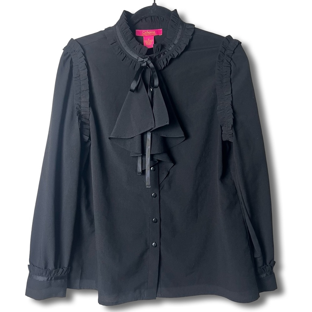 Catherine Malandrino Black Ruffle Grosgrain Ribbon Blouse Long Sleeve Goth Sz. M